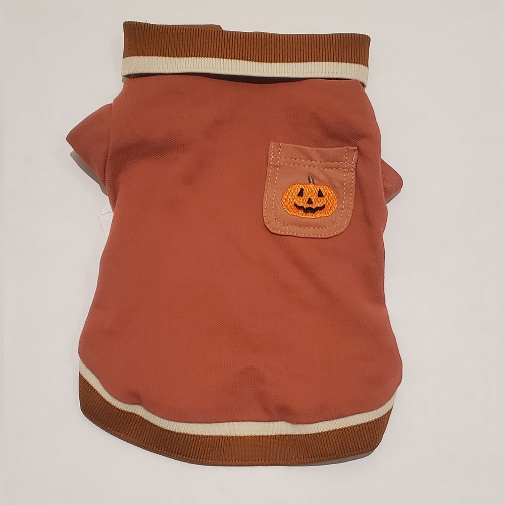 Dog Polo Shirt With Jack-o'-lantern Embroidery Rust/Brown/Cream Sz XS